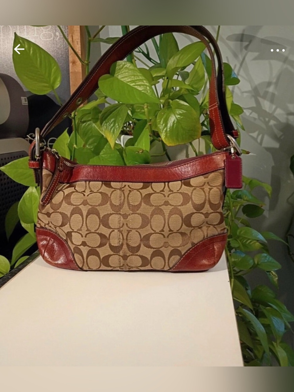 Coach Tan Signature Canvas Shoulder Bag with Leather Trim